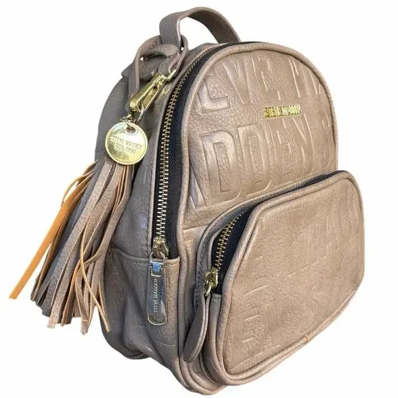 Steve Madden Mini Backpack LOGO Tassel Charm Vegan Leather Y2K Greige Taupe - Picture 7 of 13
